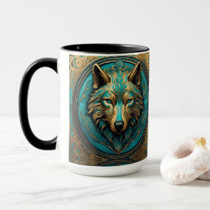 Mug Tête de loup d'or et de turquoise