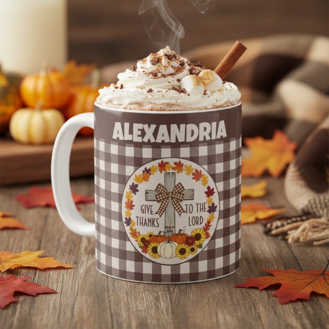 Mug Thanksgiving Give Thanks To The Lord Brown Plaid (Créateur téléchargé)