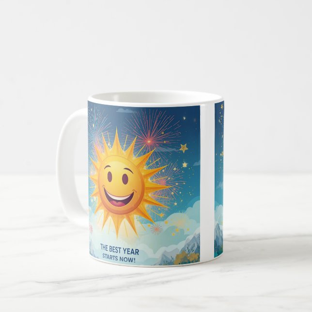 Mug The Best Year Starts Now! Smiling Sun & Fireworks  (Devant gauche)