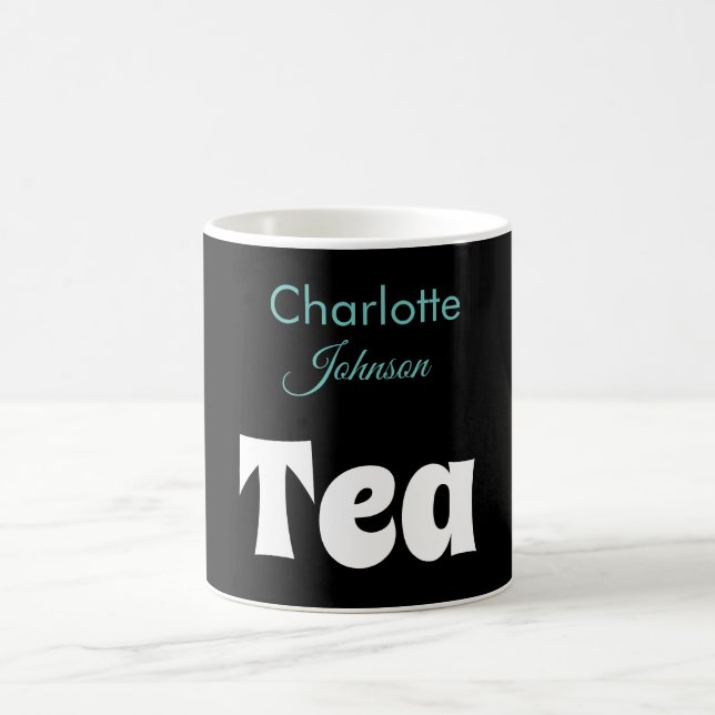 Mug Thé | Nom Stylish Black Turquoise Typographie (Centre)