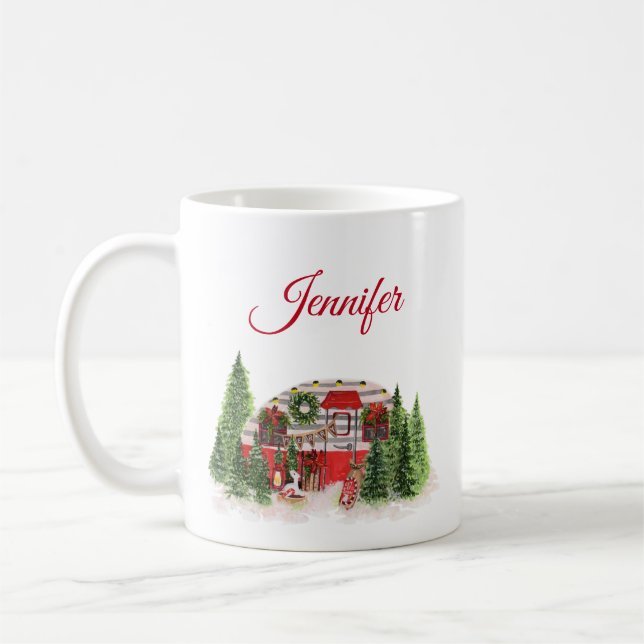Mug Thème extérieur du camping de Noël Trailer (Gauche)
