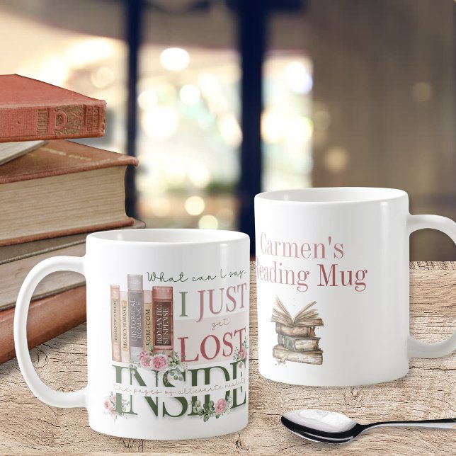 Mug Thème Romance Thème de réservation personnalisée (Pink floral roses and romance theme bookish book lovers personalized coffee mug for birthday gifts)