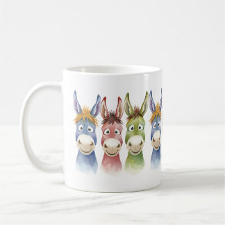 Mug Three Colorful Cartoon Donkeys in Watercolor Style