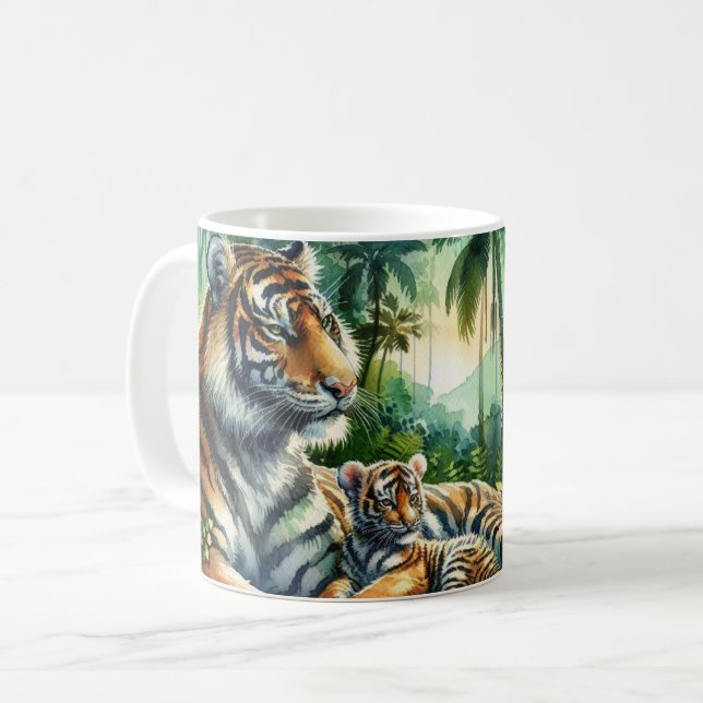 Mug Tigers dans une jungle luxuriante peinture aquarel (Devant gauche)