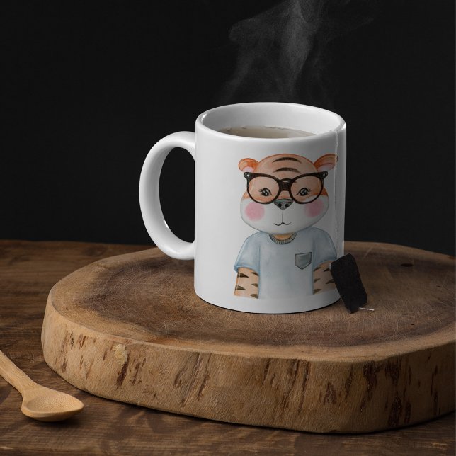Mug Tigre mignon portant des lunettes Illustration Caf (Créateur téléchargé)