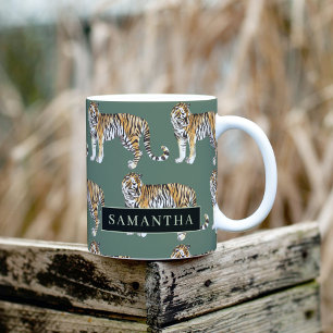 Mug Tigres d'aquarelle verte tropicale Motif avec nom