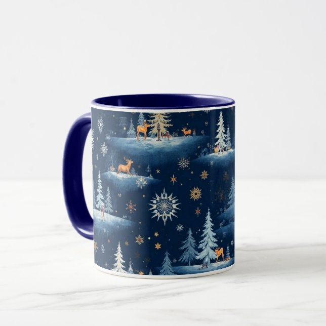 Mug Toile de vacances, cerfs d'arbres et flocons de ne (Devant gauche)