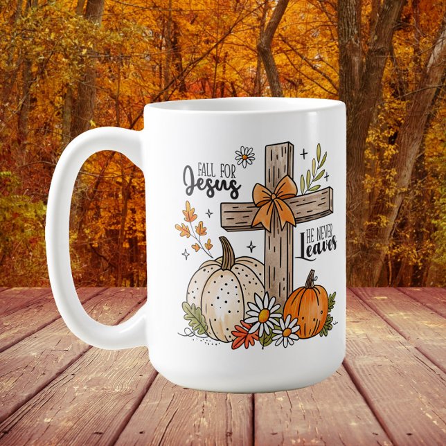 Mug Tombez amoureux de Jésus, croix chrétienne d'autom ("Fall for Jesus, He never leaves" Christian cross and pumpkins autumn/Thanksgiving mug)