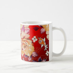 Mug Tons rouges Main Rustique Tirée Rose & Oiseaux