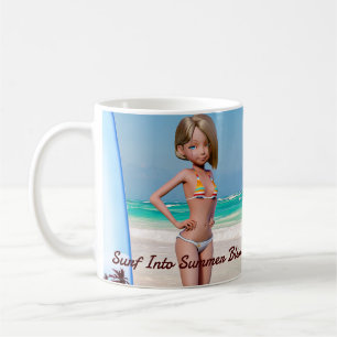 Mug Toon Surfer Girl Posing sur le bord de mer