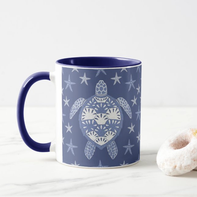 Mug Tortue bleue et Motif d'étoiles de mer (Avec donut)