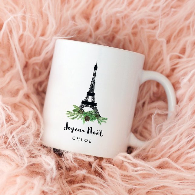 Mug Tour Eiffel et Pine | Moderne Joyeux Noel (An elegant, French inspired Christmas mug with the Eiffel Tower and pine cones and greenery)
