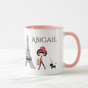 Mug Tour Eiffel Paris Cute Girl and Cat personnalisée