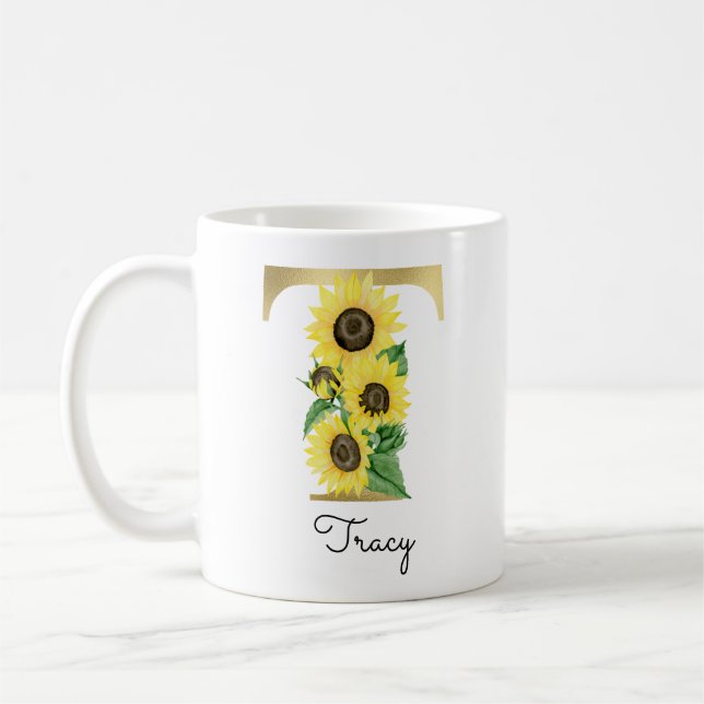 Mug Tournesol d'or monogramme Floral initial T (Gauche)