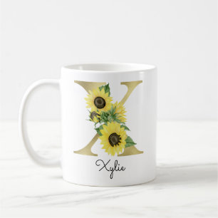 Mug Tournesol d'or monogramme Floral initial X