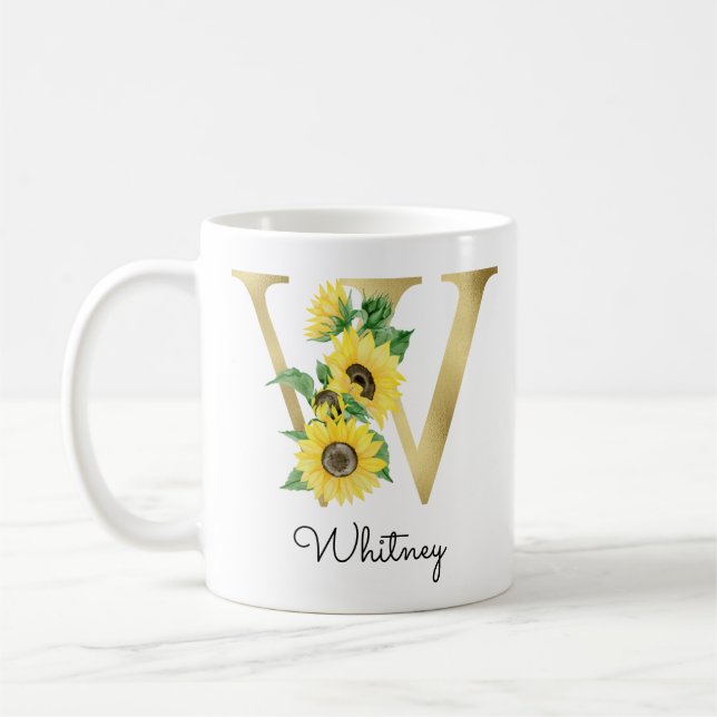 Mug Tournesol Floral Initial W Or Monogrammé Or (Gauche)