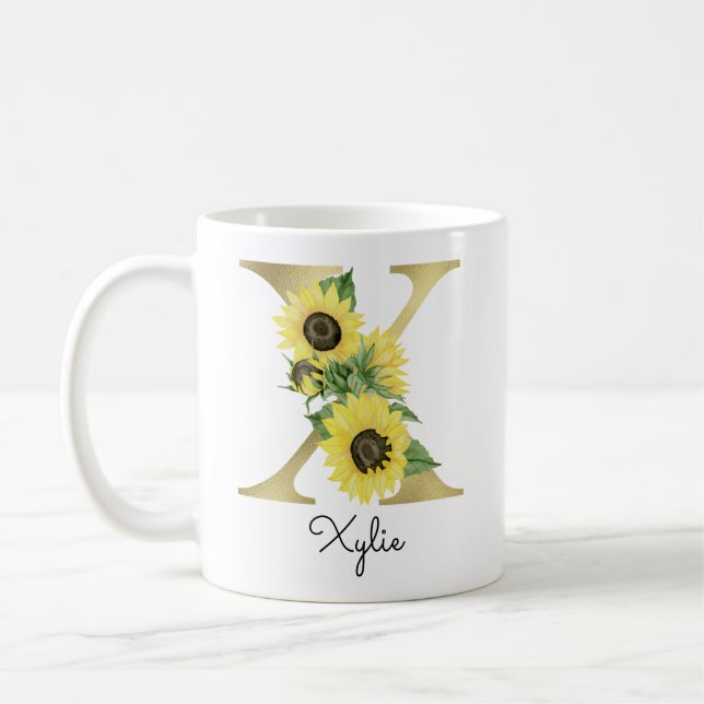 Mug Tournesol Floral Initial X Or Monogrammé Or (Gauche)