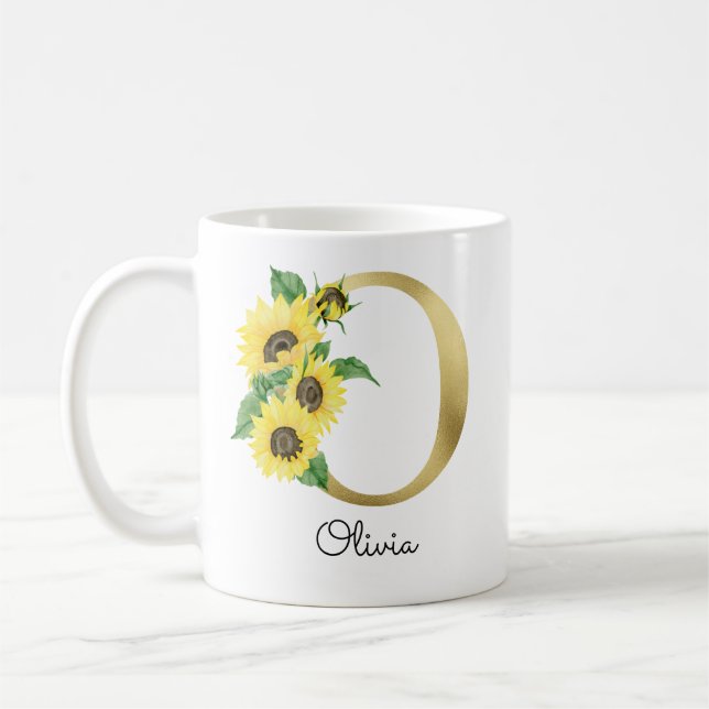 Mug Tournesol Floral Initiale O en or monogrammé (Gauche)