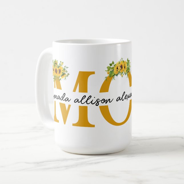 Mug Tournesol MOM personnalisé avec le nom des enfants (Devant gauche)