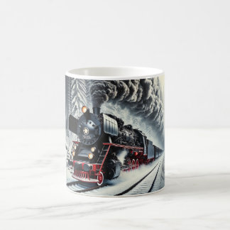 Mug Train à vapeur vintage dans une forêt de neige