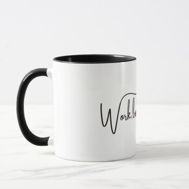Mug Travail, écriture d'équilibre d'amour avec le coeu (Gauche)