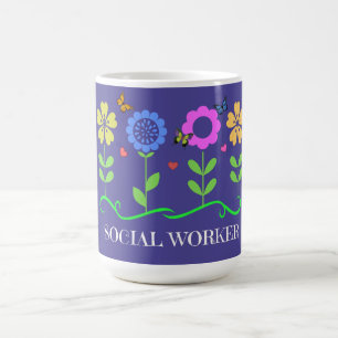 Mug "Travailleur social," fleurs printanières graphiqu