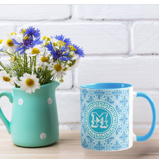 Mug Trellis bleu moderne Imprimer Texte blanc (Blue Trellis Print mug)