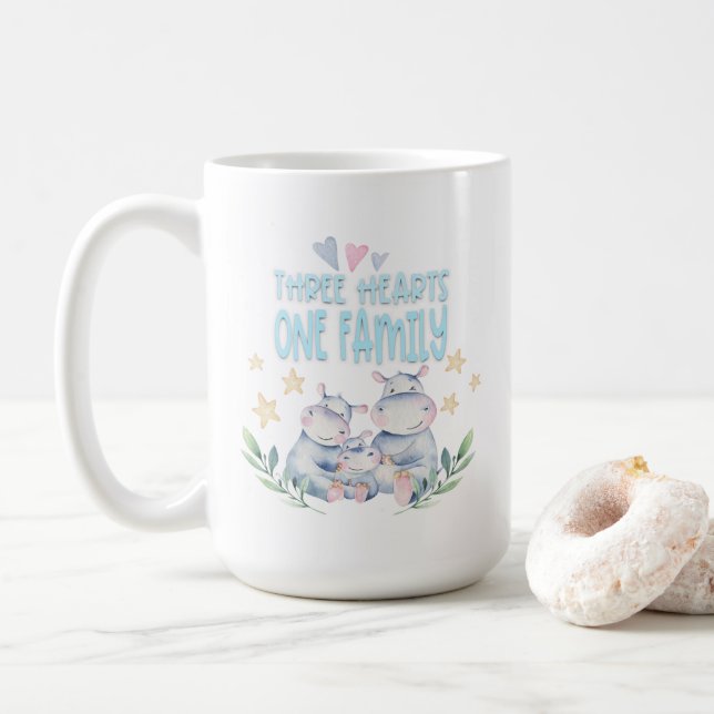 Mug Trois Coeurs Une Famille Mignonne Hippopotames Ble (Avec donut)