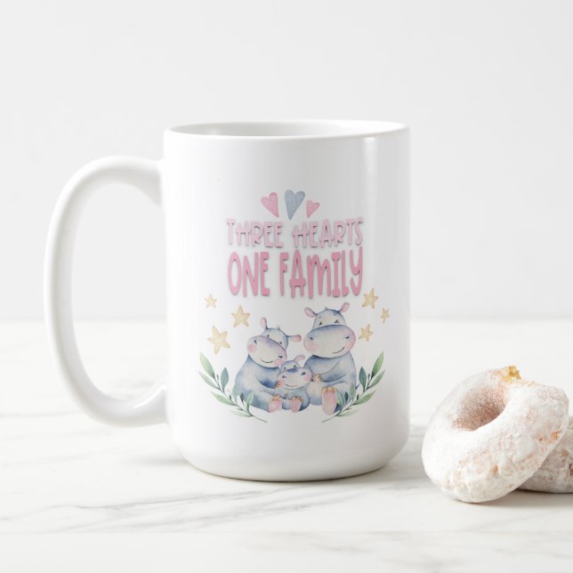 Mug Trois Coeurs Une Famille Mignonne Hippopotames Ros (Avec donut)