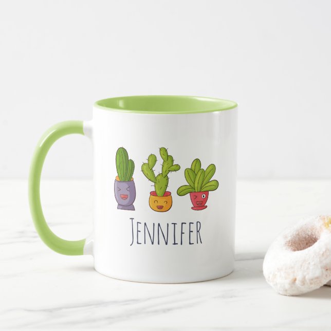 Mug Trois mignons cactus dans des pots de fleurs Illus (Avec donut)