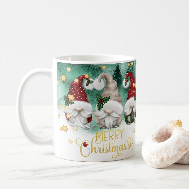 Mug Trois mignons Gnomes Joyeux Noël Forêt (Avec donut)