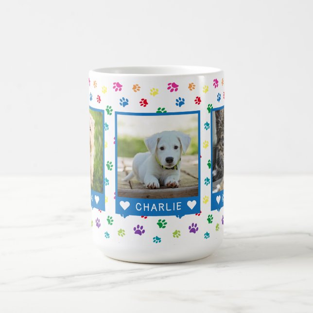 Mug Trois Photos pour animaux de compagnie Noms Bleu C (Centre)