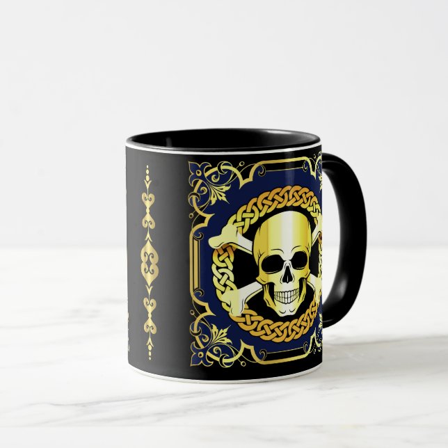Mug Tronçons du crâne celtique/or design/noir/bleu (Devant droit)