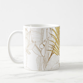 Mug Tropical exotic floral line golden palm leaves and