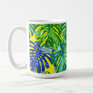 Mug Tropical Vert Bleu Jaune Monstera Jungle Feuilles