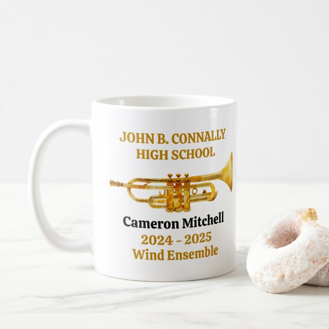 Mug Trumpet Player High School Band Gold Personalized (Avec donut)