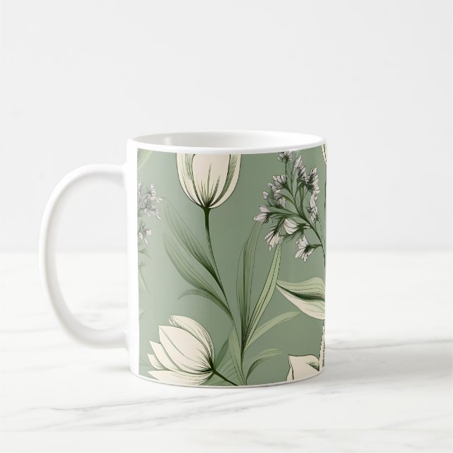 Mug Tulipes Avec Feuilles Sur Vert Sage Clair (Gauche)