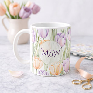 Mug Tulipes Floral Printanier Monogramme Pastel Pêche