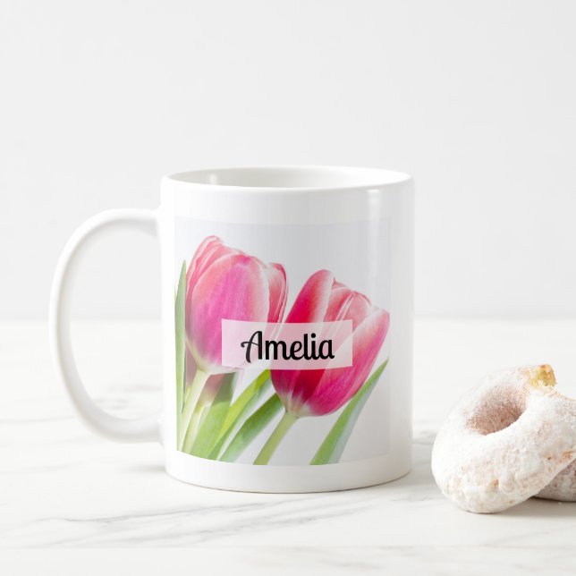 Mug Tulipes roses avec Feuille vert photo (Avec donut)