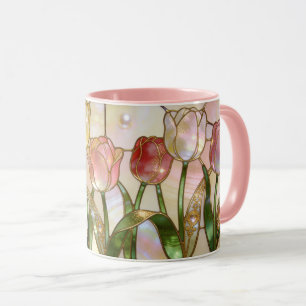 Mug Tulipes Roses et Jaunes de Style Vitrail