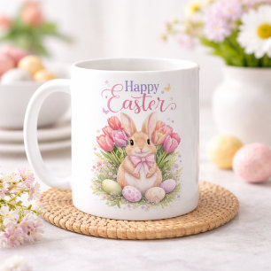 Mug Tulipes roses pastel Lapin de Pâques Joyeuses Pâqu
