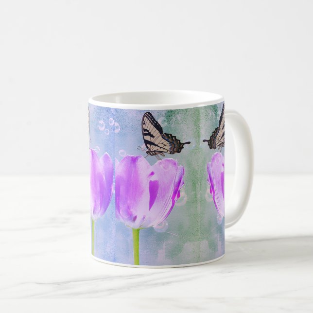 Mug Tulipes violettes et roses avec papillons - Floral (Devant droit)