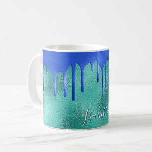 Mug Turquoise bleu bleu vert gouttes nom métallique