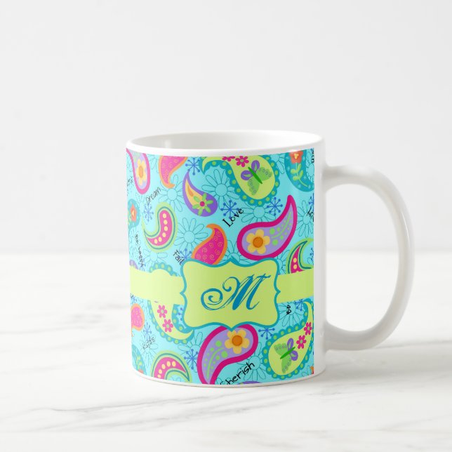 Mug Turquoise Bleu Vert Moderne Paisley Monogramme (Droite)