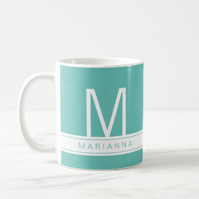 Mug Turquoise Turquoise bleu moderne Monogramme et nom (Gauche)