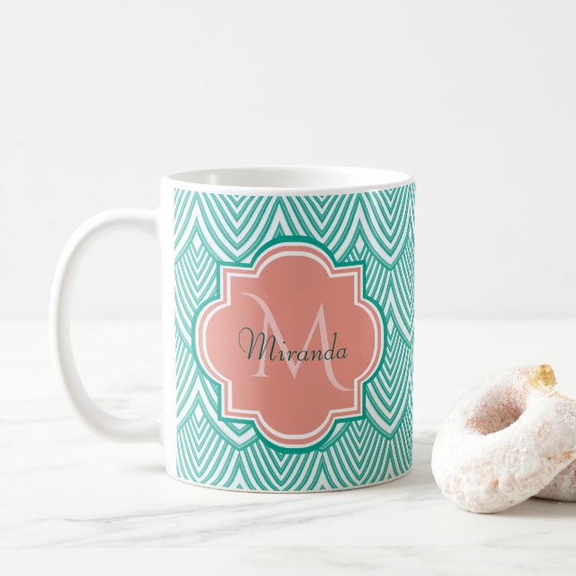 Mug Turquoise Vert Art Déco Poissons Écailles Rose Mon (Avec donut)