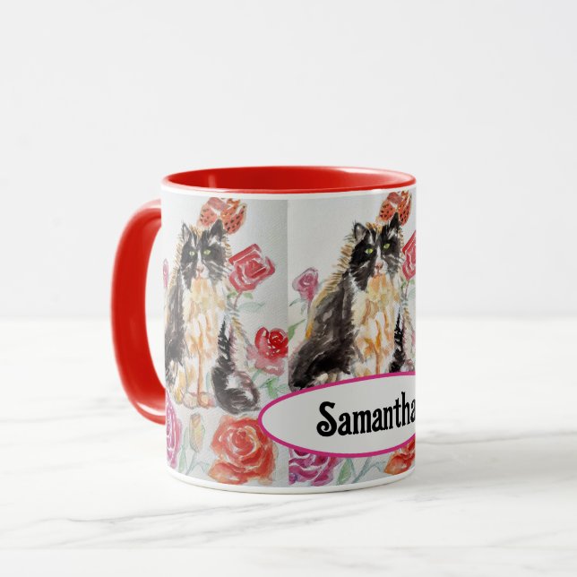 Mug Tuxedo Chat Cute Rose Fleurs Chats Aquarelle Rose (Devant gauche)