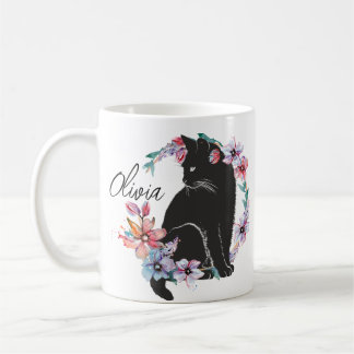 Mug Un chat noir entouré de fleurs