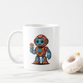 Mug Un robot sympa tenant une fleur caricature café bl