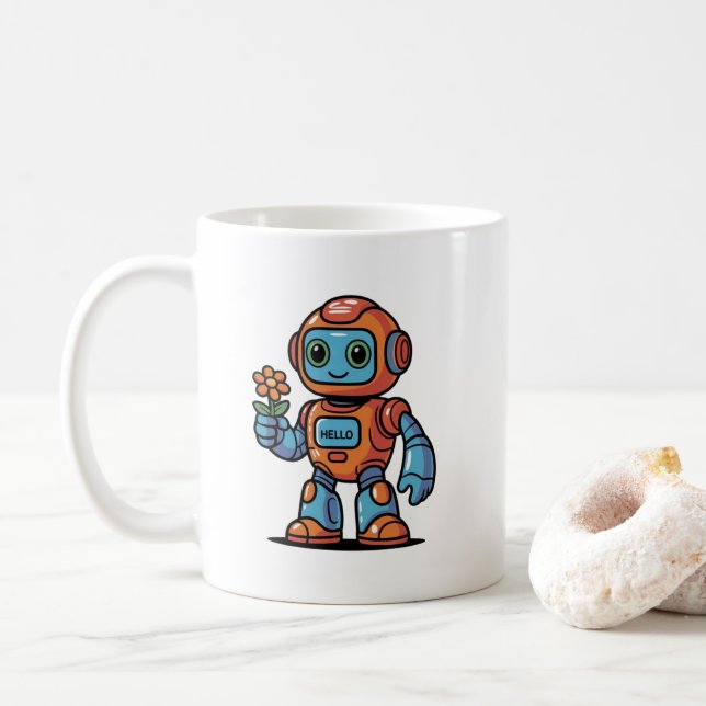 Mug Un robot sympa tenant une fleur caricature café bl (Avec donut)